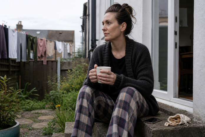 Protecting yourself psychically: a calm morning with a rune pouch Woman sitting on a back step with tea, phone face down and a pouch of wooden runes beside her
