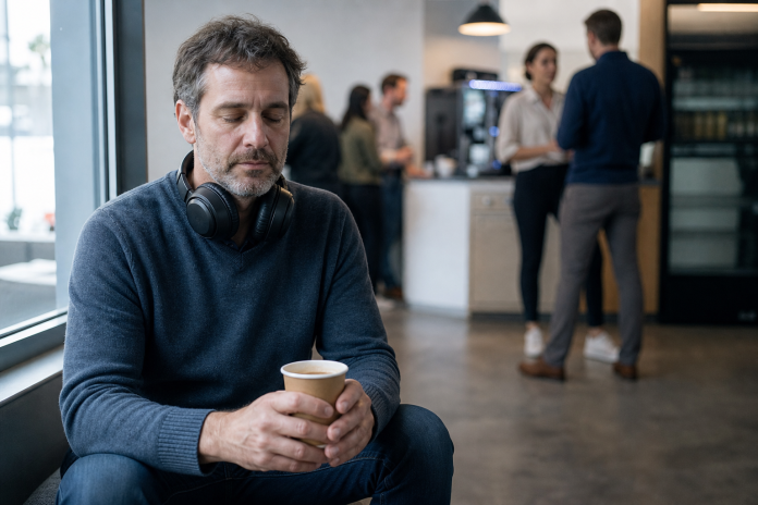 What is an empath: taking a quiet minute in a busy break room Man sitting quietly with coffee in a busy office break room, headphones around his neck