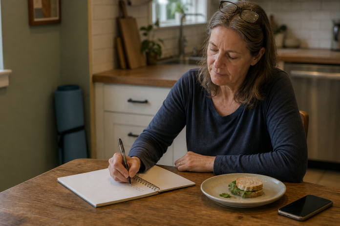 Woman at a kitchen table writing a seven-row checklist in a notebook, yoga mat rolled up behind her
