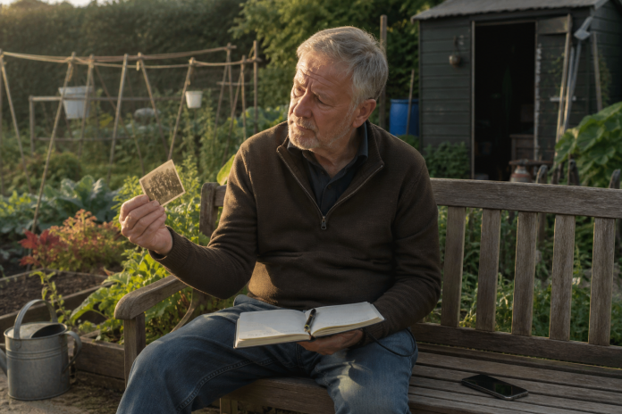 Talking things through with an inner advisor on an allotment bench Older man on an allotment bench holding an old photograph, notebook on his knee