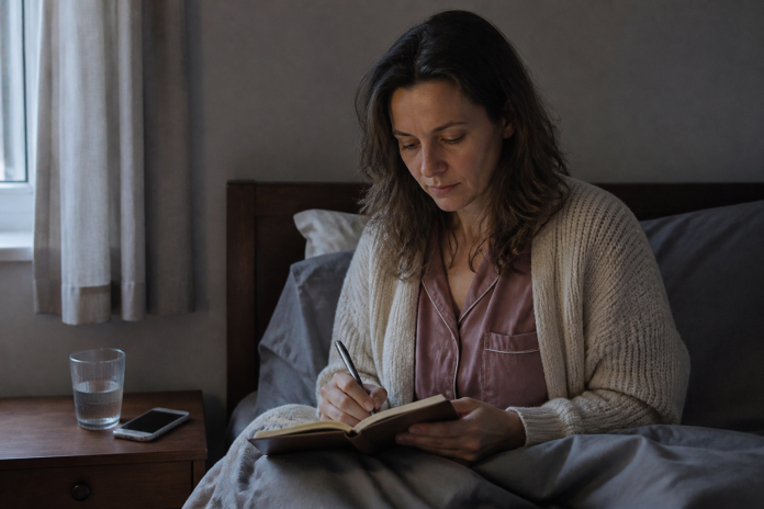 Writing down a recurring dream before it fades Woman sitting up in bed writing in a dream journal in the morning