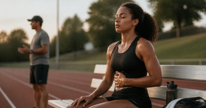 Athlete practicing slow breathing on a trackside bench