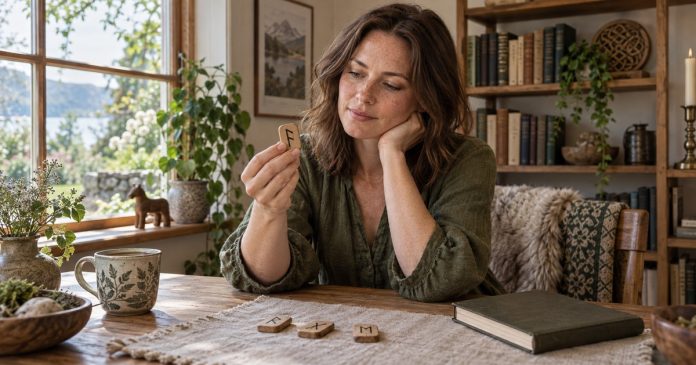 Woman reflecting with a wooden rune beside a closed journal in a sunlit study