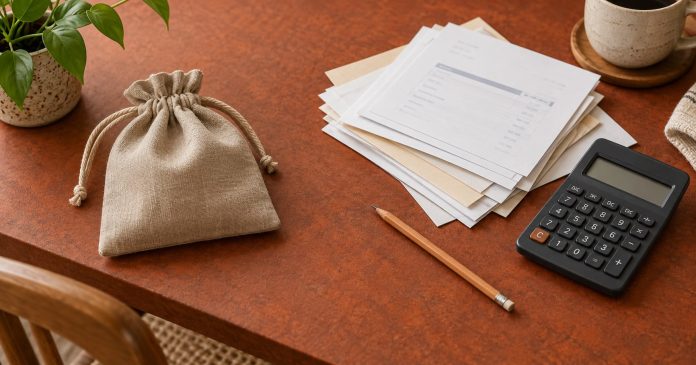 A calculator and organized household papers beside a closed fabric pouch on a rust-colored table.