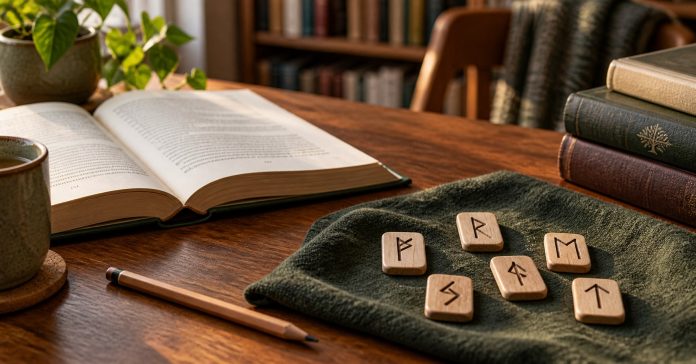 Rune stories and historical context Wooden rune tiles beside an open book on a warm study desk.