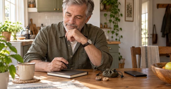 AI-generated editorial illustration, not a real patient or clinical encounter. Man preparing for an appointment beside a closed notebook and small rune pieces