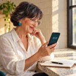 Seeing 11:11 Everywhere? What Repeating Numbers Really Mean, and How to Use Them A woman with a salt-and-pepper bob and round glasses looks at an 11:11 phone display beside an open notebook.