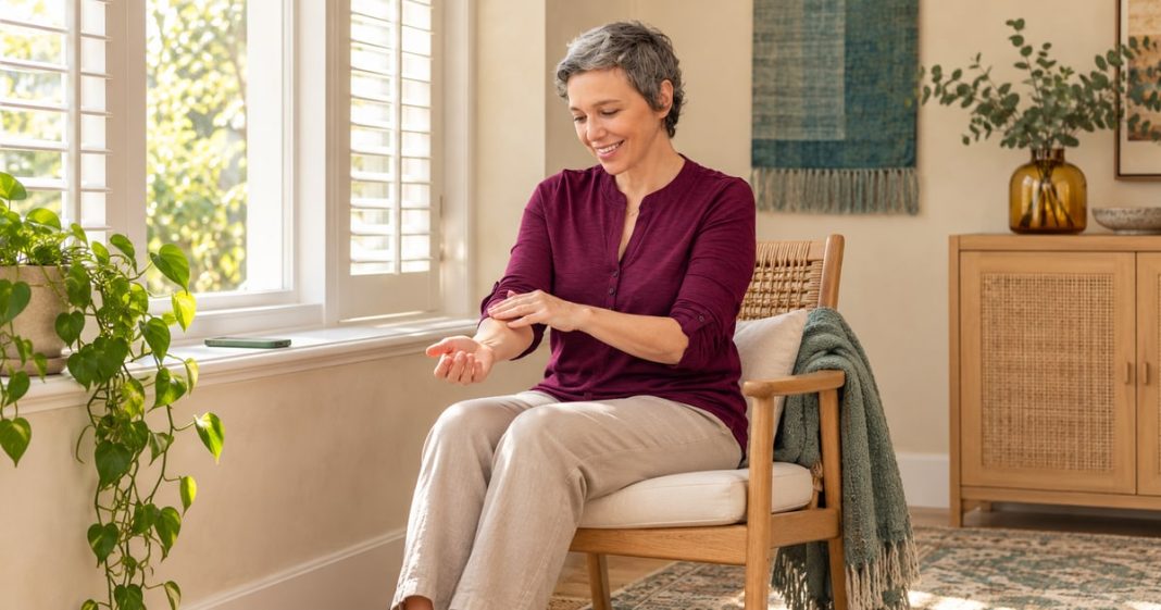 Woman seated by a window making a small, relaxed hand movement above her forearm