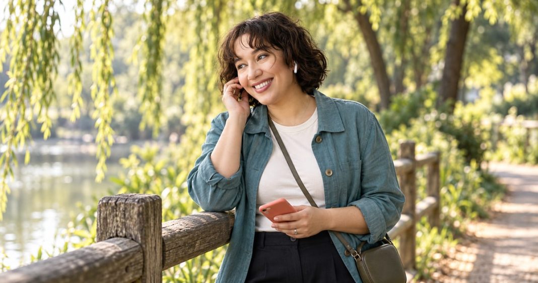 Best friend and soulmate: everyday care and boundaries Woman smiling during a phone conversation beside a willow-lined park path