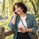 When Your Best Friend is Your Soulmate Woman smiling during a phone conversation beside a willow-lined park path
