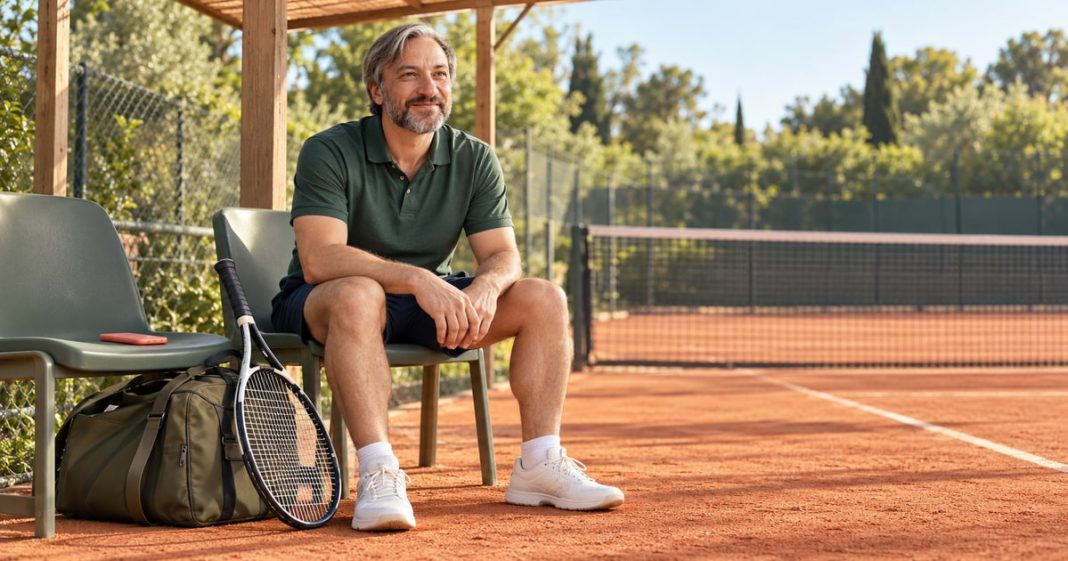 Courtside breathing reset Man seated beside a tennis court with a racket and sports bag, pausing before practice
