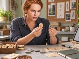 Picking the Right Set of Runes: Materials, Cost, and Whether to Make Your Own Woman comparing a wooden rune tile and a stone rune beside card pieces in a craft studio