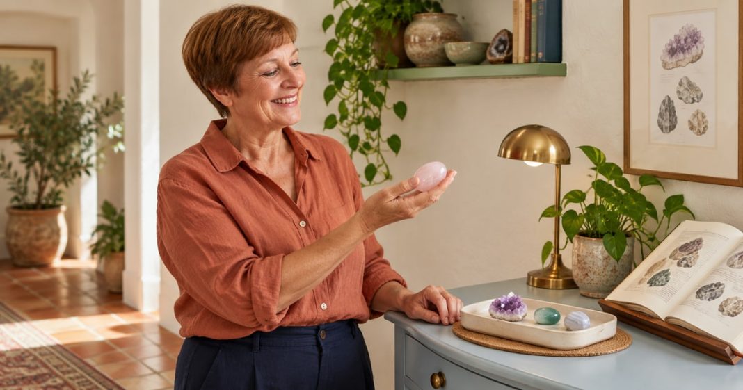 Woman examining a pink polished stone beside a small mineral tray and an open geology book