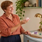 Crystals for Healing: Personal Meaning, Evidence and Safer Choices Woman examining a pink polished stone beside a small mineral tray and an open geology book