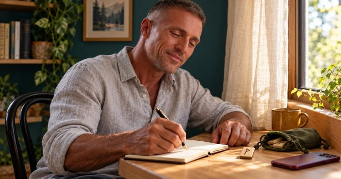 Man writing in a notebook beside a wooden rune and an olive pouch by a sunlit window.