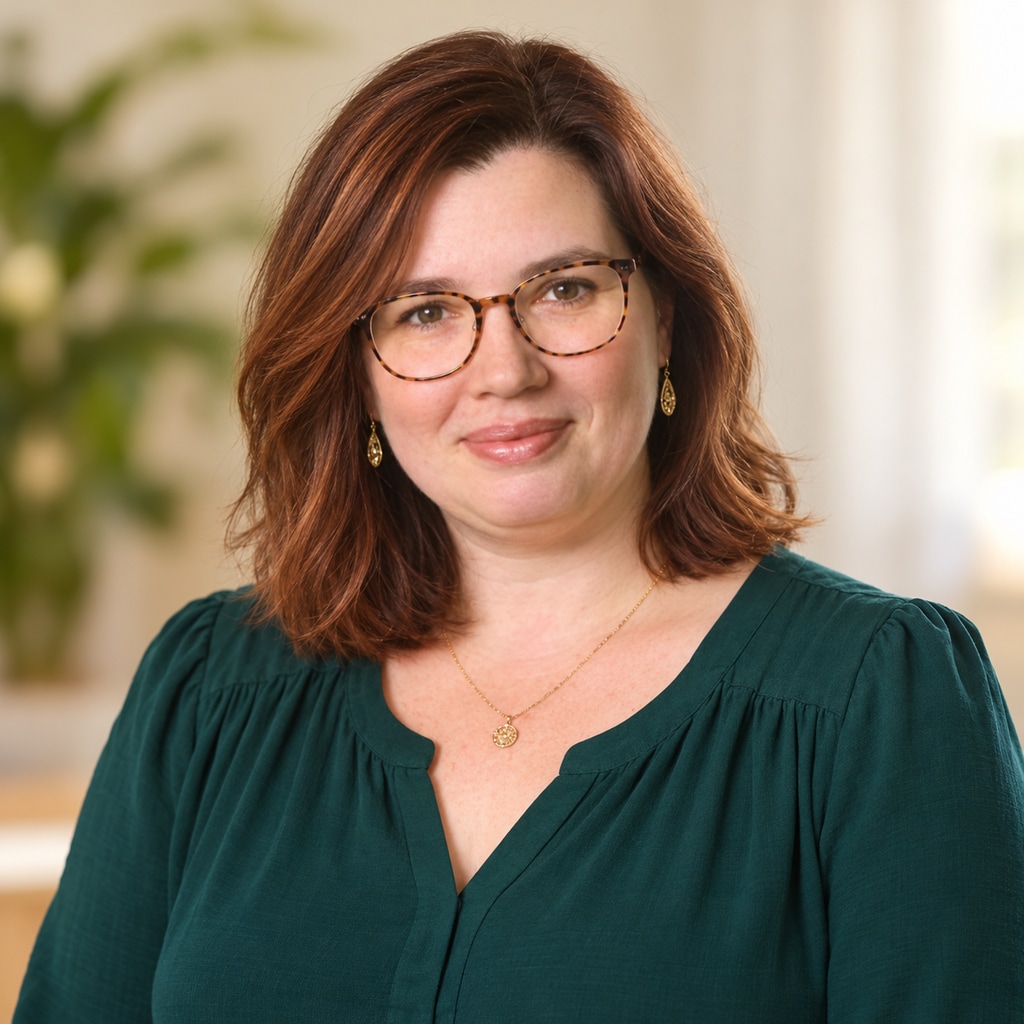 Danielle Evans wearing glasses and a teal blouse