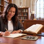 Rune Healing Stories: Egil’s Saga, Historical Context and Limits Woman making reading notes beside an open book, three rune stones and a laptop in a library