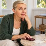 Energy Vampires: Symbolic Rituals and Practical Boundaries A woman with a pale-blonde pixie cut sits beside a closed red phone, a note, quartz and an unlit candle.