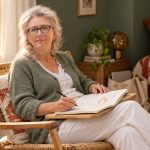 What Do Dreams About Fire Mean? Common Themes, What Research Says, and Questions to Ask Yourself A grey-blonde woman with glasses writes in a notebook with a flame sketch while seated in a woven chair.