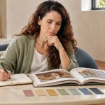 Goddess Chakra Reflection: Seven Modern Pairings and Their Context A woman with long wavy chestnut hair reads a cultural-history book and writes beside seven coloured paper cards.
