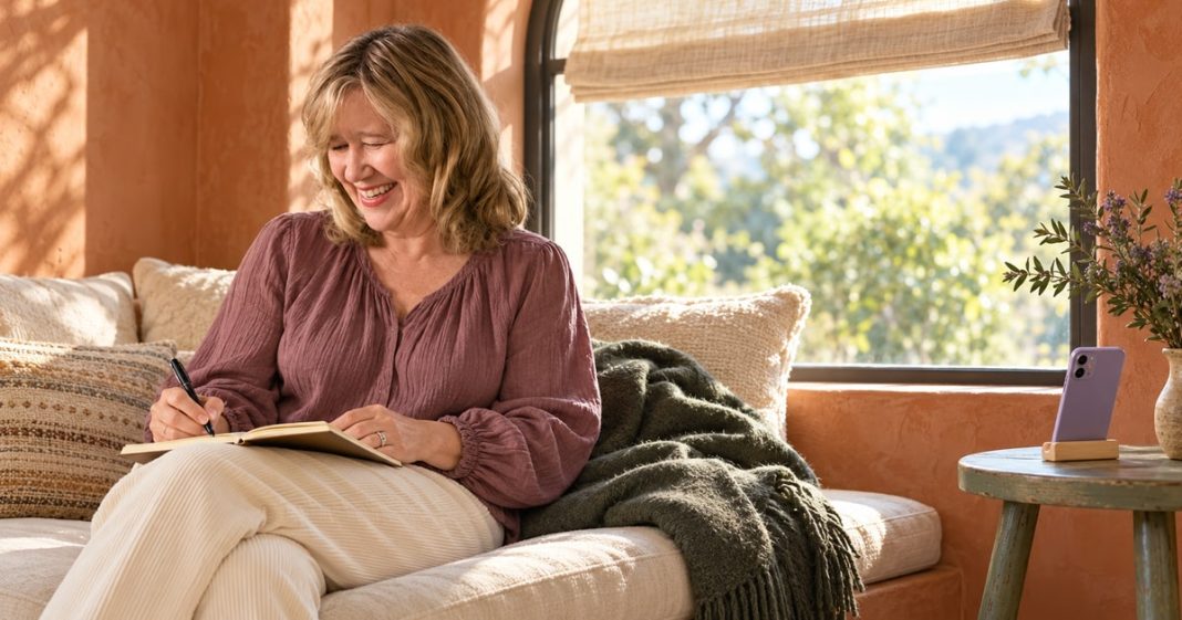 Woman writing in a notebook on a cream window seat, with a purple phone on a small sage side table.