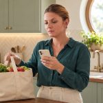 The Law of Karma and Intent: What the Idea Actually Says, and What It Does Not A woman in a teal shirt checks her phone beside a canvas grocery bag in a sage-green kitchen.