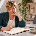 Kenaz (Kano), the Rune of the Torch: Meaning and How to Use It for Reflection Woman sketching in a notebook beside a wooden Kenaz rune and a convertible laptop in a skylit workroom