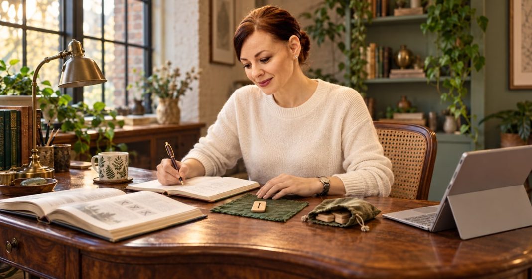 Woman writing rune-reading notes beside a single Isa tile, an open book and a small laptop