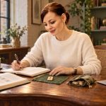 Learn How to Read Runes: Spreads, Reversals, Journaling, and the Mistakes Beginners Make Woman writing rune-reading notes beside a single Isa tile, an open book and a small laptop