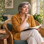“Low Vibration” and Spiritual Advice: Boundaries and Support A silver-haired woman reflects with a notebook in a sunroom beside a phone, closed oracle deck and rose-quartz stone.