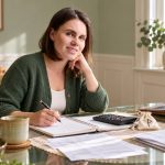 Money Mindset and Rune Reflection: Start With Real Records A woman with a short brown bob reviews papers and a notebook beside a calculator, laptop and small rune pouch.