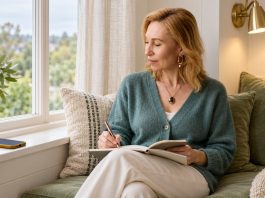 Feeling Drained? A One-Week Negative-Energy Log Woman writing in a notebook on a window seat with her phone put aside
