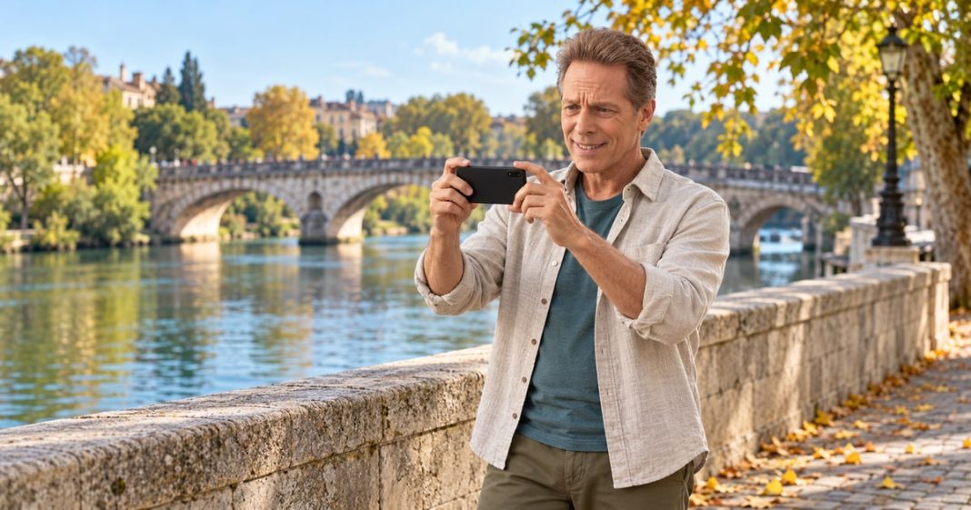 Noticing ordinary moments on a river walk Man using a smartphone camera beside a river on an autumn afternoon.