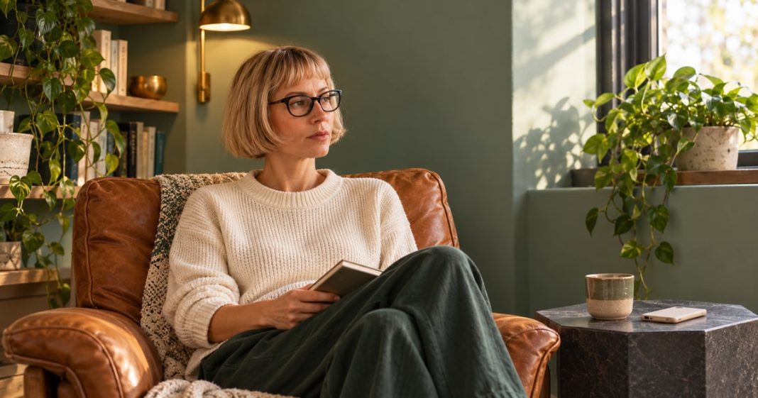 Past-life bond: meaning, patterns and present-day choice Woman with a blonde bob and glasses sitting with a closed notebook in a leather chair beside a window.