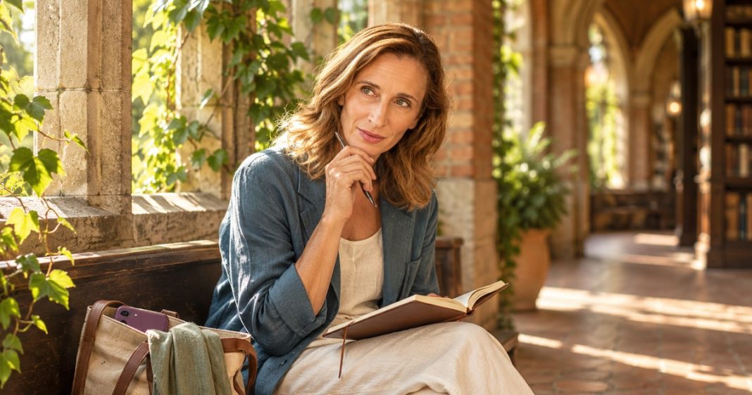 Woman pausing with an open journal on a bench beside a sunlit arched library window