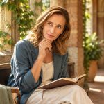 Feeling You Knew Someone in a Past Life: Meaning, Familiarity and Boundaries Woman pausing with an open journal on a bench beside a sunlit arched library window