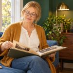 Past Life Memories A woman with blonde hair and patterned glasses looks through an album of street photographs beside a notebook.