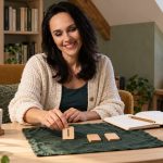 A Personal Rune-Casting Routine: Set, Bag, Cloth, and the Habits That Matter Woman arranging a wooden rune on a green cloth beside a notebook and cotton bag