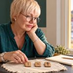 Discover Your Rune Message: A Pick-a-Rune Reflection Exercise Woman with short blonde hair and glasses selecting from three wooden rune tiles beside a notebook