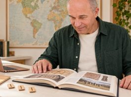 Rituals of Prediction: How Five Continents Have Tried to Read the Future, and What the Practices Actually Do Man reading an illustrated history book beside rune tiles, a notebook and a wall map