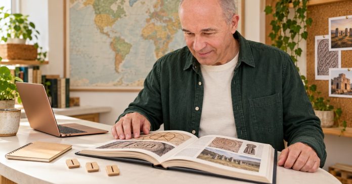 Man reading an illustrated history book beside rune tiles, a notebook and a wall map