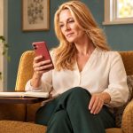 Before Contacting a Psychic Advisor: Questions, Costs and Boundaries A blonde woman in an ochre chair reviews her phone beside an open notebook on a writing tablet.