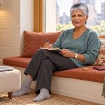 Protecting Yourself Psychically: Boundaries, Grounding, and What Energy Protection Really Does A silver-haired woman pauses with a notebook on a window bench beside a face-down phone and closed laptop.