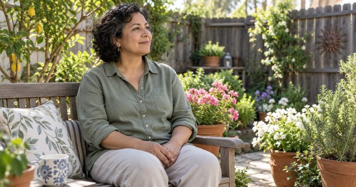 Woman taking a quiet pause on a bench in a sunny home garden