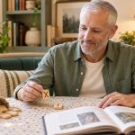 What Are Runes and How to Use Them? History, the Elder Futhark, and an Honest Guide to Reading Man studying an open rune reference book with Gebo and Isa tiles in a home library