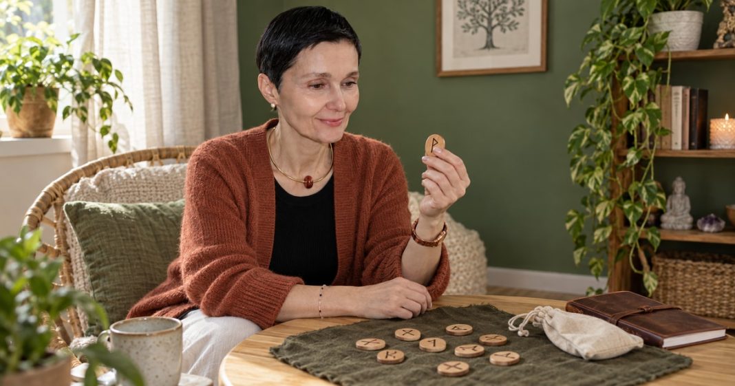 rune-healing-reflection-distinct-model-20261014 A woman reflecting on a wooden rune beside a rune set and cotton pouch.