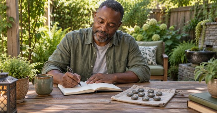 Man journaling beside rune stones on a quiet garden patio
