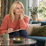 Rune Reflection During Illness: Acceptance, Uncertainty and Support Woman with a notebook on a teal window seat beside a phone stand and a wooden Isa rune