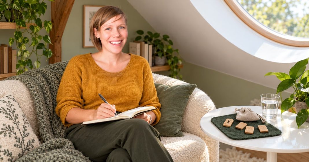 Rune reflection with a journal in an attic reading nook Woman writing in a notebook beside wooden rune tiles in a bright attic reading nook