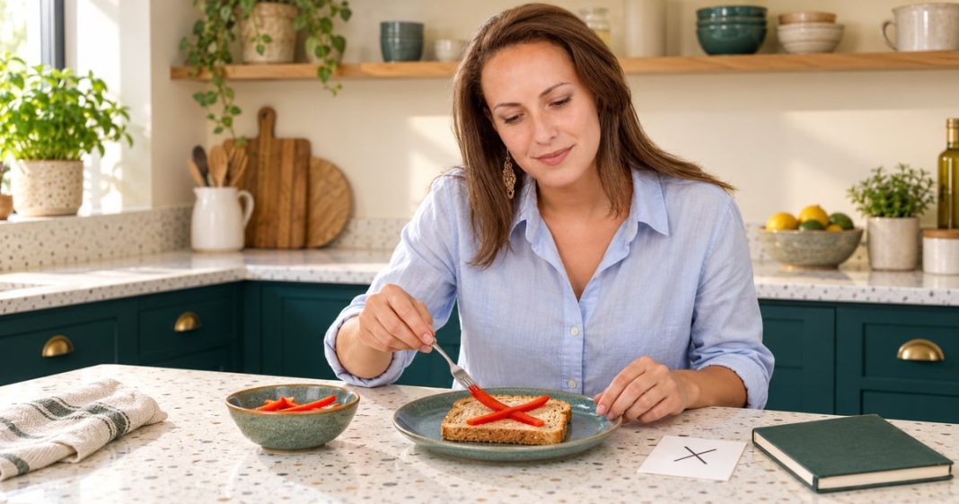 Rune-themed creative food design Woman arranging red pepper strips into an X on toast beside a separate paper symbol card